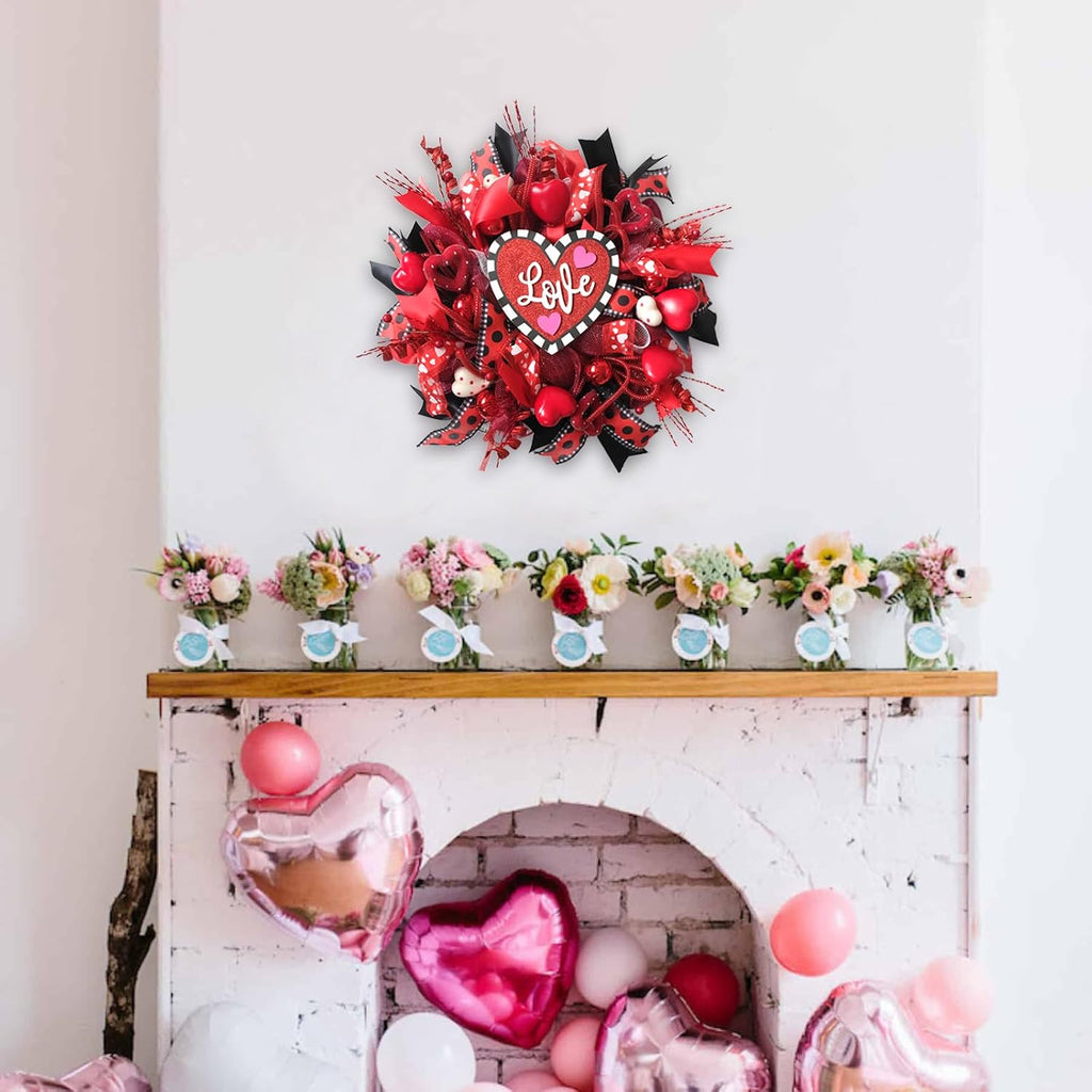 18 Inch Valentines Mesh Wreath for Front Door Artificial Red Rose Heart Valentines Day Decoration Wreath with Love