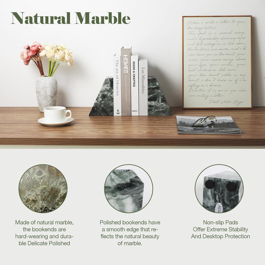 Marble Bookends for Heavy Books, Decorative Bookends for Shelves, Green Stone Book Ends, Heavy-Duty Book Ends for