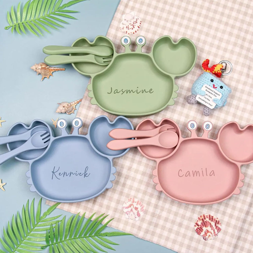 Personalized Baby Meal Set With Spoon and Fork, Custom Kids Dining Set, Cute Crab-Shaped Silicone Meal Plate, Kids
