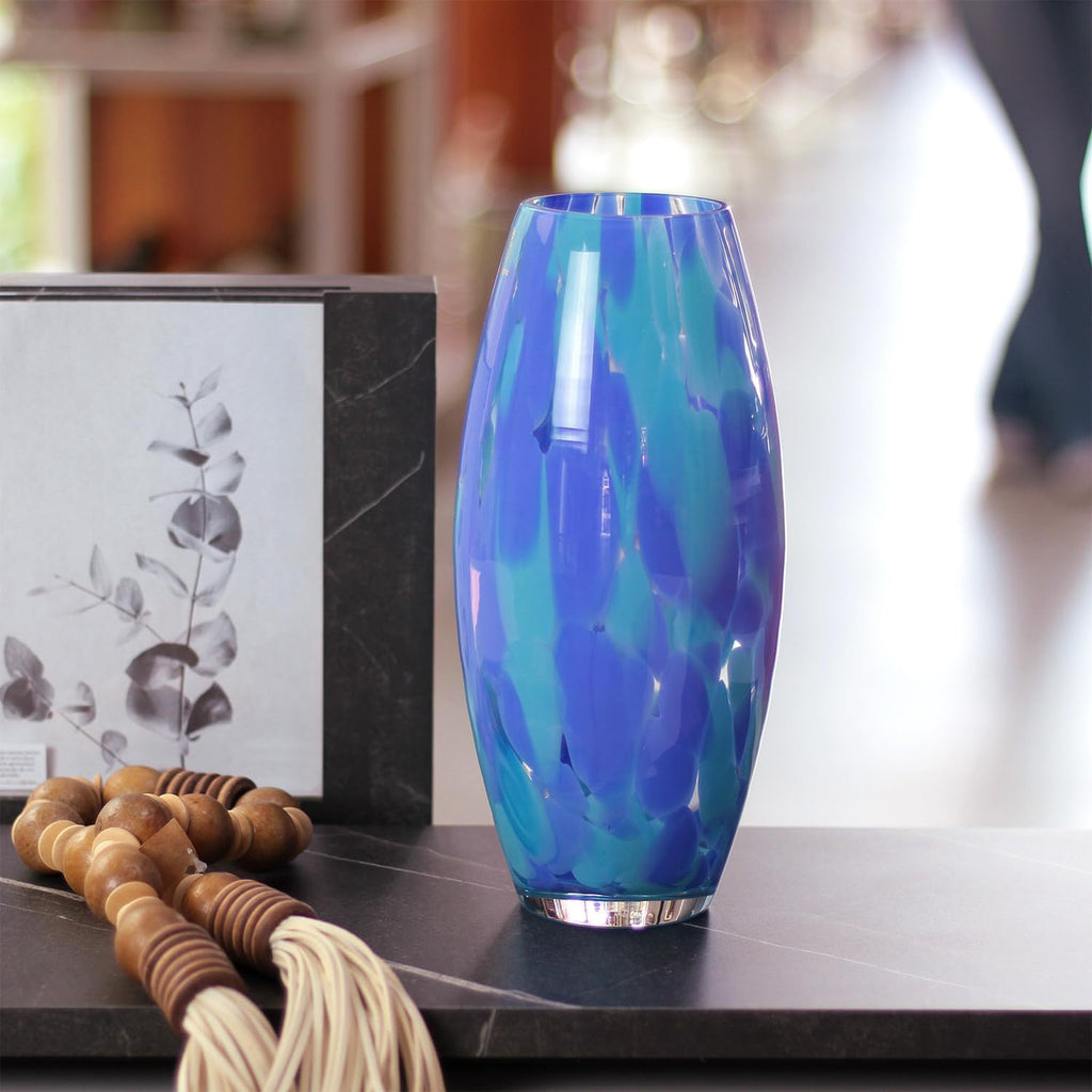 Murano Style Art Glass Vase Hand Blown Blue Confetti Effect Home Decor