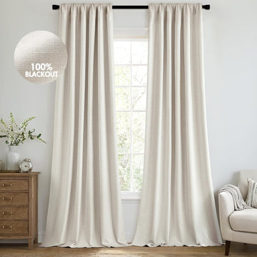 100% Blackout Curtains 96 Inch Long 2 Panels Set, Cream Thick Faux Linen Black Out Curtain Room Darkening Pleated