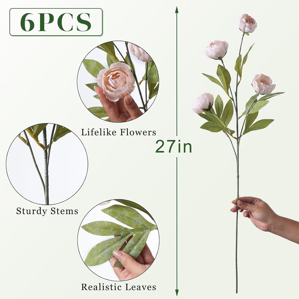 27" Faux Silk Peony Artificial Flowers Stems for Vase (Beige) - Set of 6