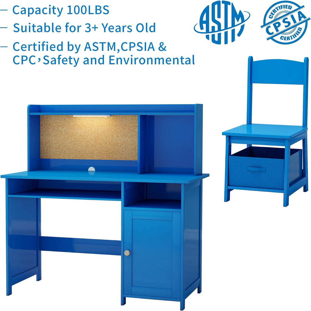 Wooden Kids Study Desk and Chair Set with Hutch and Storage Ages 3-10, Blue