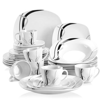 Ceramic Dinnerware Sets for 6, White and Black Dishes Set, FIONA
