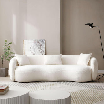 Modern Curved Sofa, 93.6" 4-Seater Boucle Cloud Couch with 3 Pillows, Comfy Upholstered Sofas, Off-White