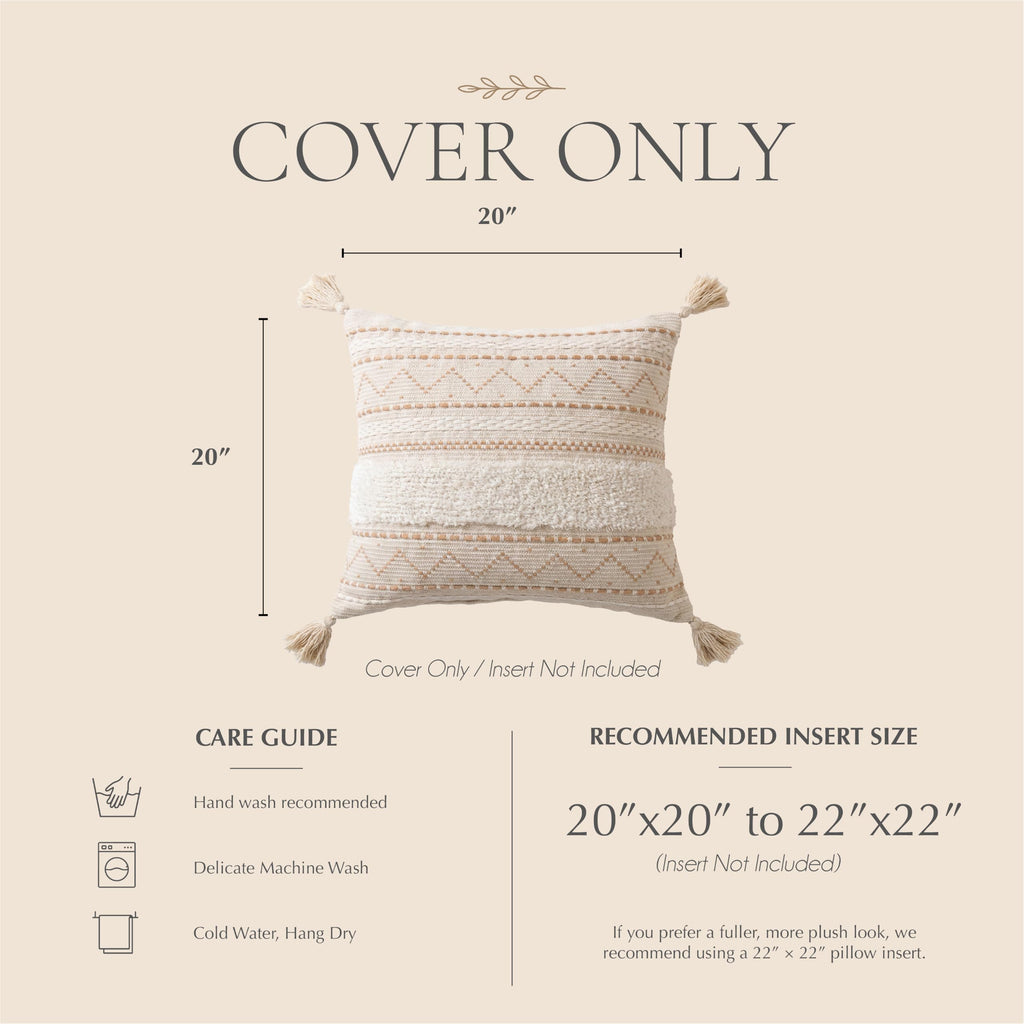 20X20 Throw Pillow Cover, Cream Neutral Beige Square Decorative Cushion Cover, Boho Accent Pillowcase with Tufted