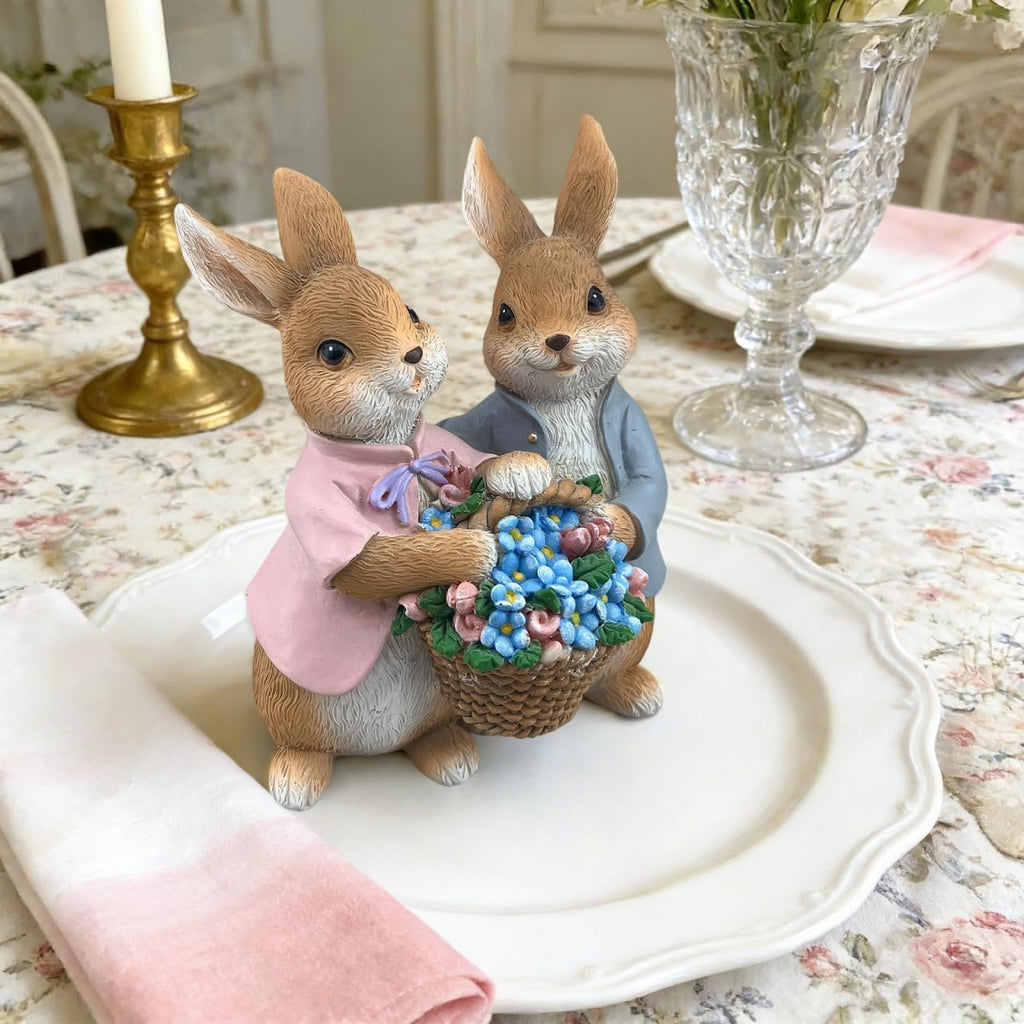 Bunny Statue Resin Flower Basket Rabbit Easter Spring Desk Home Decor Gift