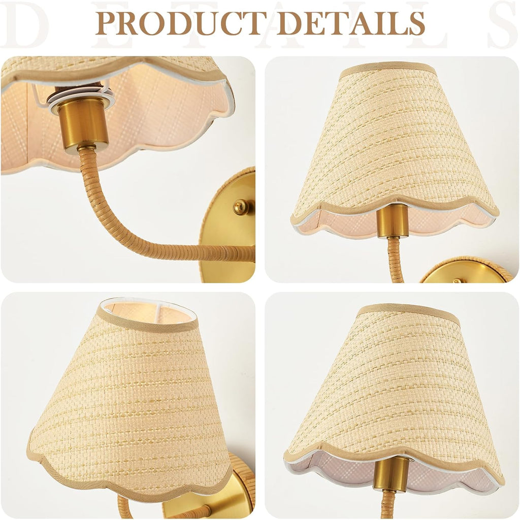 Elycucpa Boho Hand Woven Rattan Wall Sconces Set of Two Rustic Industrial Wall Lamp Brass Farmhouse Wall Lights for