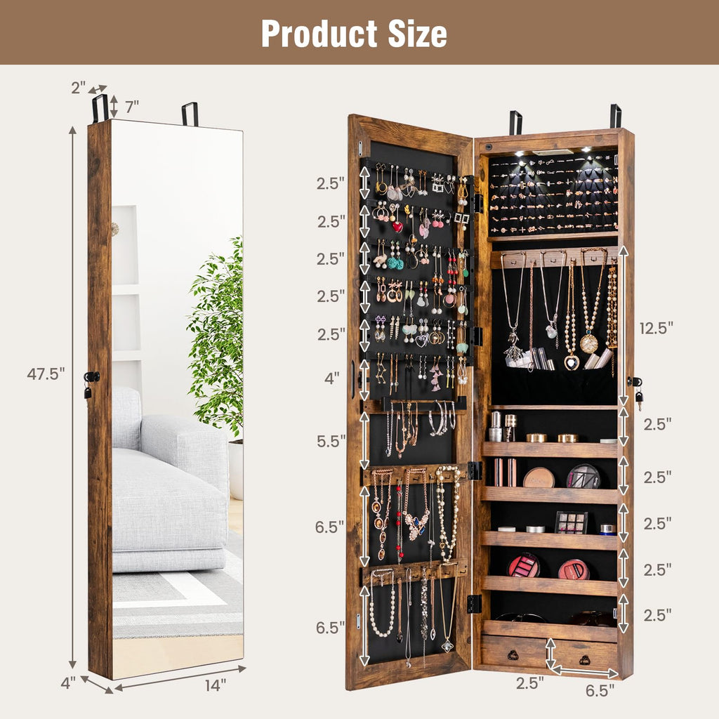 Wall Door Jewelry Armoire, 47.5" H Full Length Mirrored Jewelry Cabinet with 2 LED Lights and 2 Drawers, Lockable