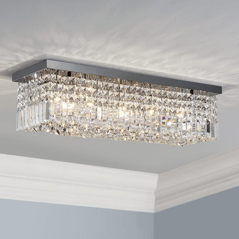 5-Lights Modern K9 Crystal Chandelier, Island Design, Flush Mount Ceiling Light, H9 x W10 x L31, Clear Crystal & Pearl Black Finish A100-B0B55ZVZDC