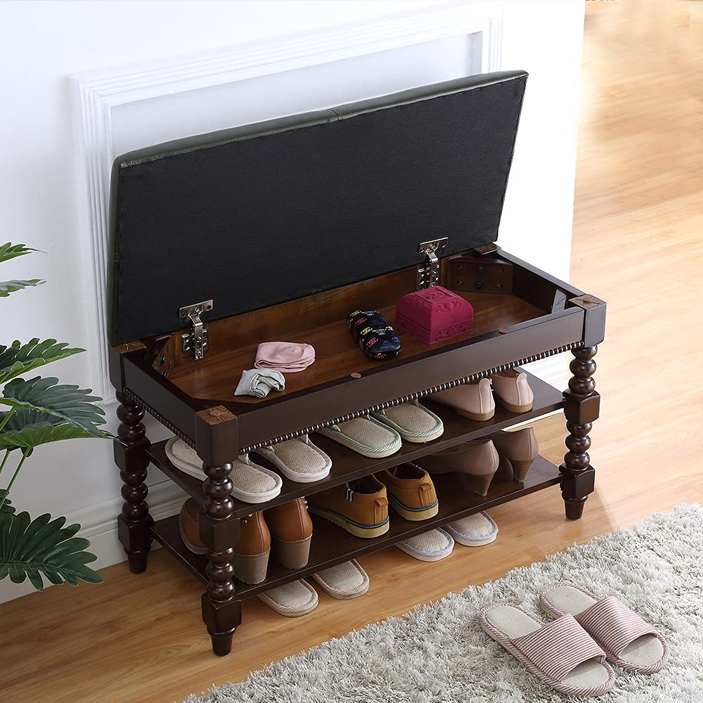 Shoe Bench, Wood Storage Bench with Cushion Seat, Shoe Rack with Hidden Storage Space Living Room Bedroom Hallway