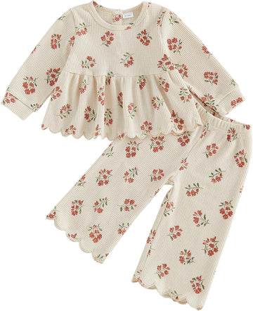 Toddler Girl Fall Winter Clothes Waffle Knit Outfits Floral Long Sleeve Scalloped Shirt Pants Baby Kids Clothing Set