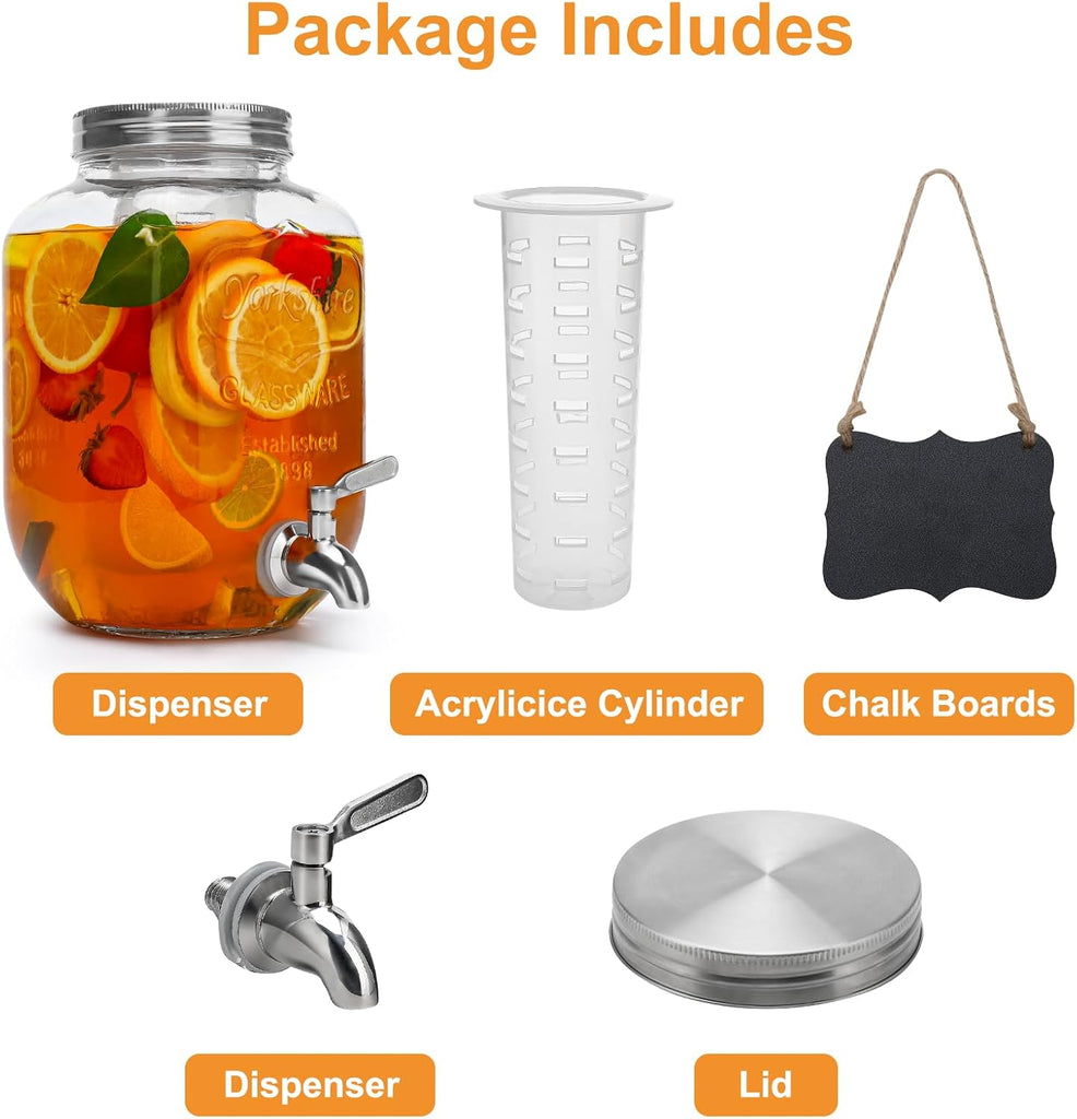 1 Gallon with Lid, Stainless Steel Spigot, for Parties, Lemonade Dispenser With Ice Cylinder for Weddings, Party,Sun