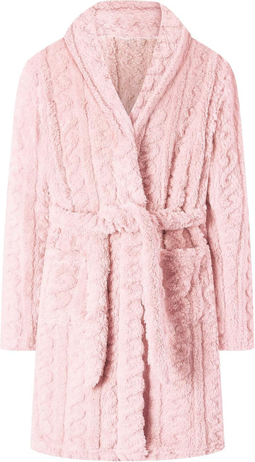 Girls Soft Fleece Bathrobe, Cable Plush Hoodless Warm Robes with Belt Pockets for Kids