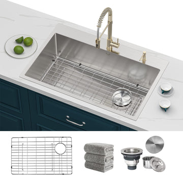 33 x 22 Inch Drop-In Top Mount 16 Gauge Deep R10 Single Bowl 2-Hole Stainless Steel and Accessories (Pack of 4)
