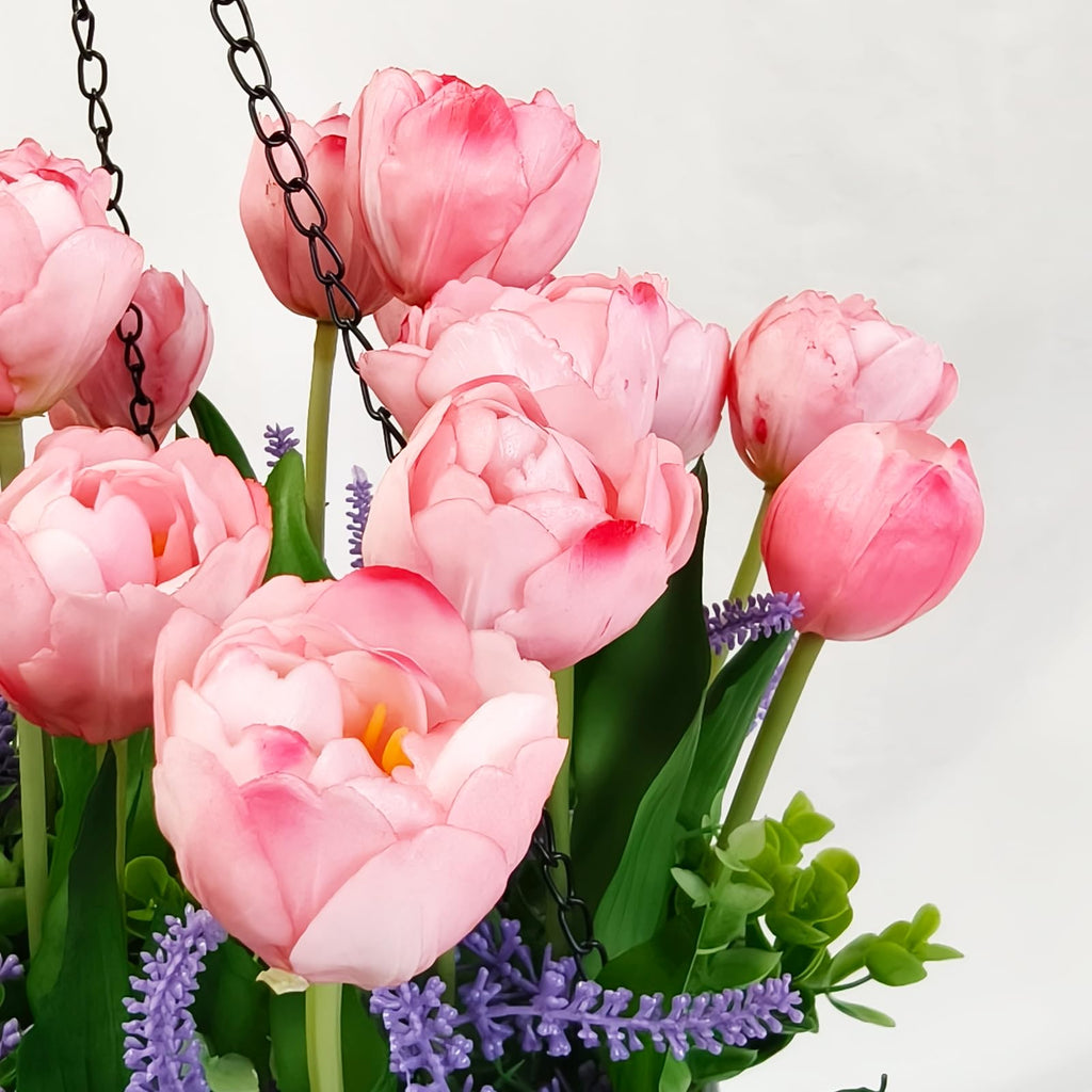 Artificial Flowers Hanging Basket, Pink Tulips