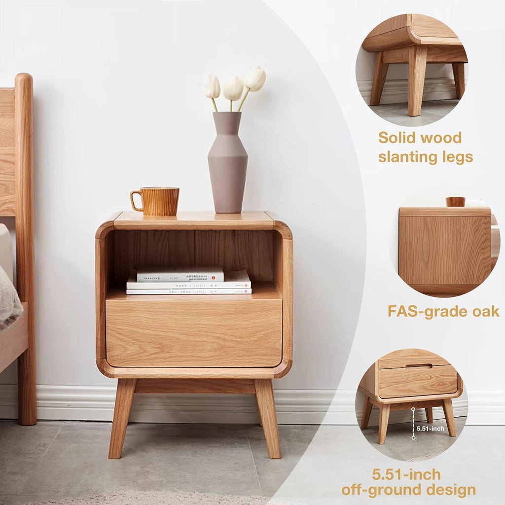Solid Oak Wood Nightstand with Drawer & Open Shelf, Small