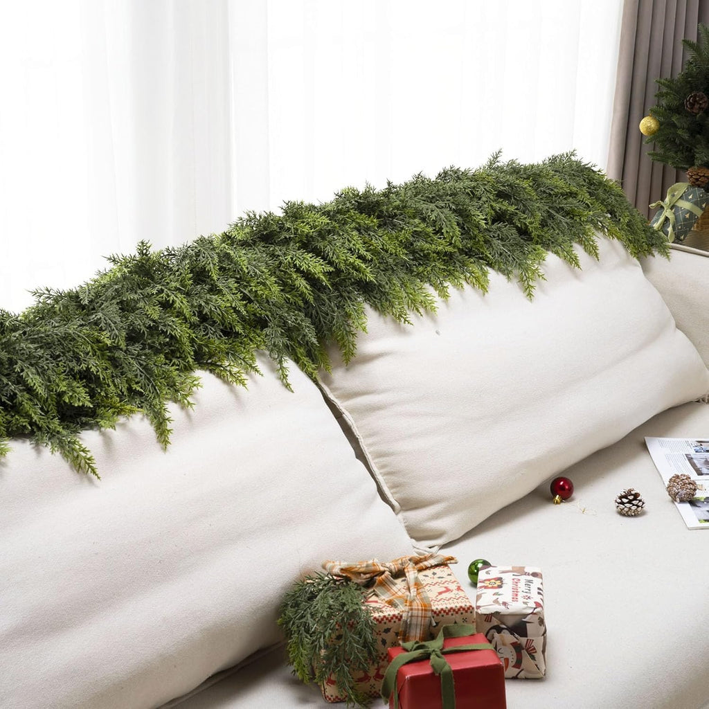 Feet Christmas Cedar Garland - Thick & Lush Realistic Artificial Green Faux Cedar Pine Needles Garland - Set of 2