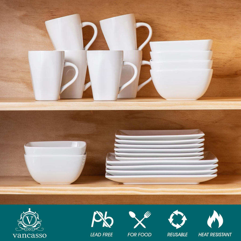 Soho Dinnerware Sets 24 Pieces, White Stoneware Square Place Setting, Dinner Plate, Dessert Plate, Cups and Plates