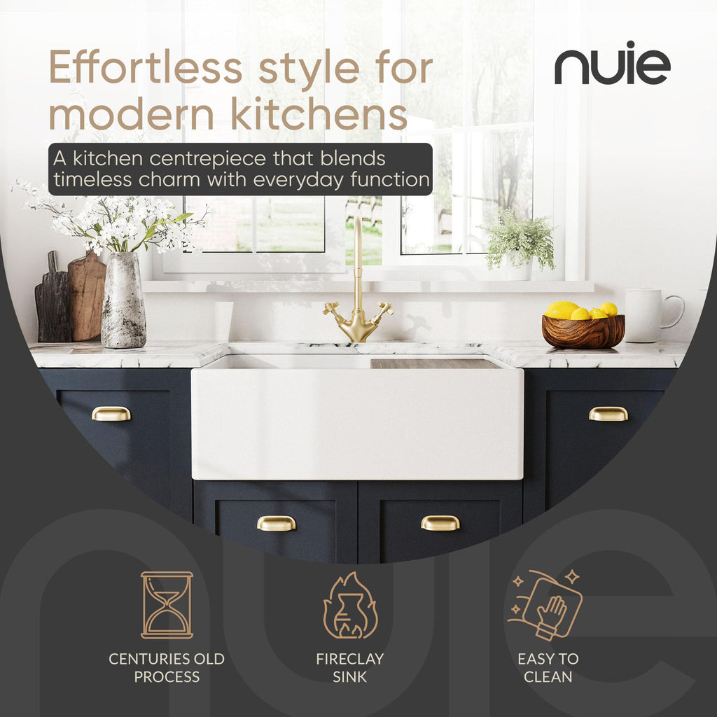 White Kitchen Sink 33 inch Single Bowl Apron Front Farmhouse Sink with Ledge, Grid and Cutting Board, Fireclay