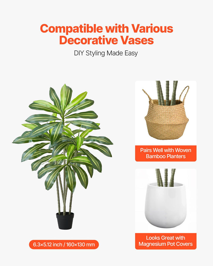 Artificial Dracaena Tree 5 ft, Fake Palm Tropical Plants with White Tall Planter, Faux Floor Silk Plant in Pot, Large
