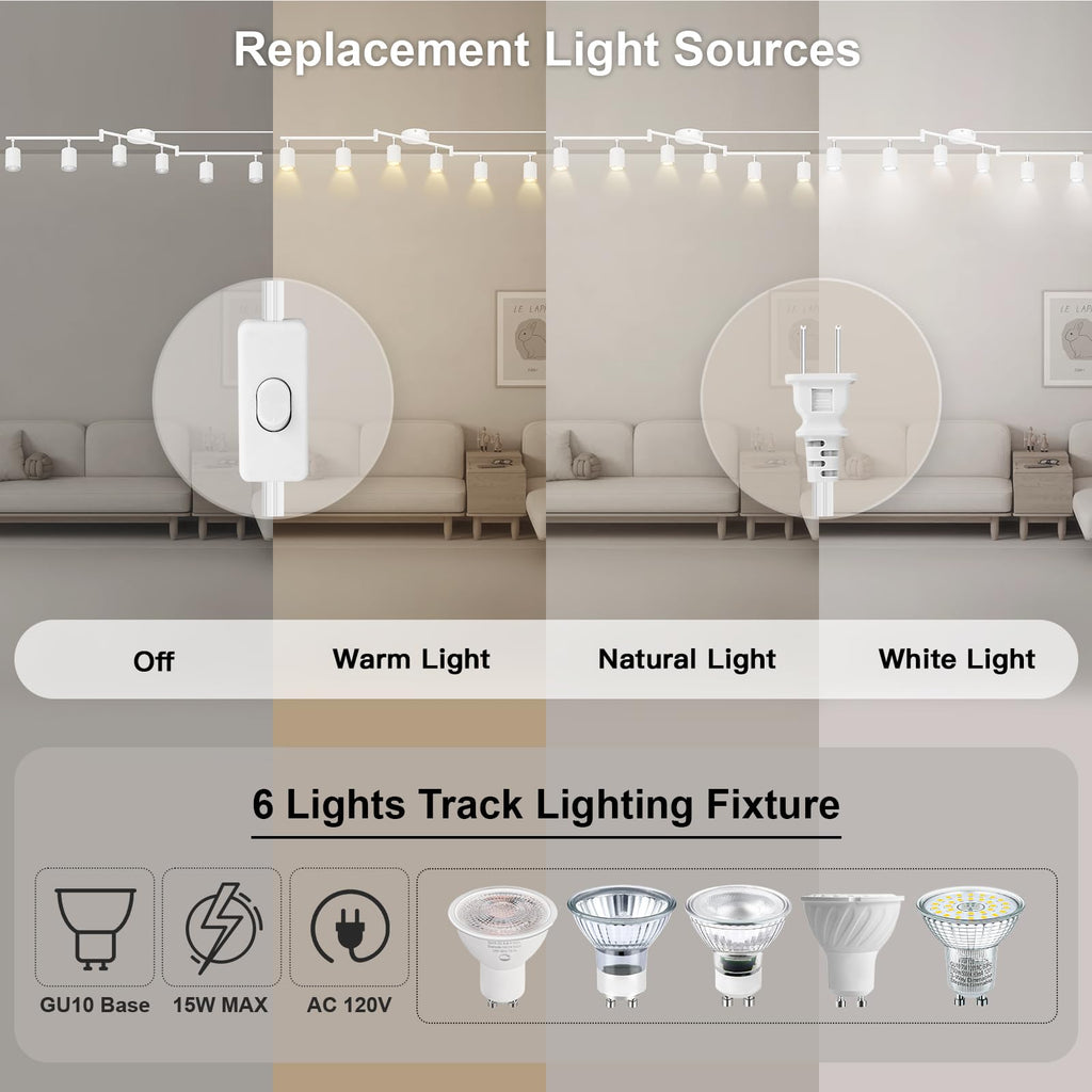Plug in Track Lighting LED, Track Lighting Fixtures Ceiling, White 6-Light Kitchen Light Kit, Plug in Wall Light