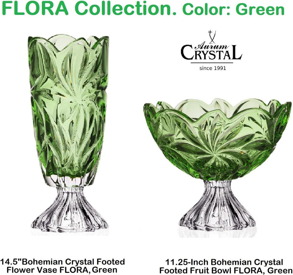 11.25-Inch Bohemian Crystal Footed Fruit Bowl FLORA, Gift Platter, Crystal, Deep Plate, Green