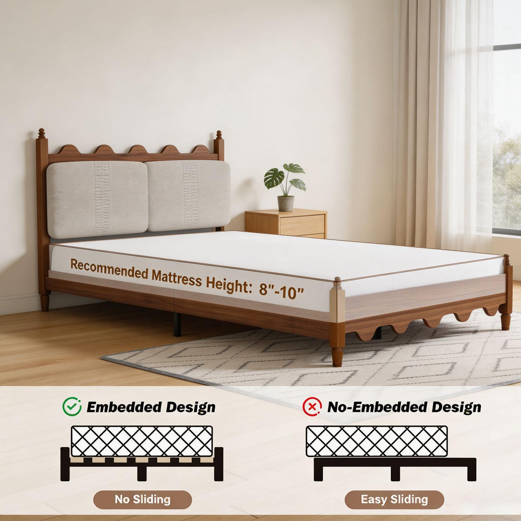 Vintage Platform Bed, Queen Bed Frame with Wave Upholstered Headboard