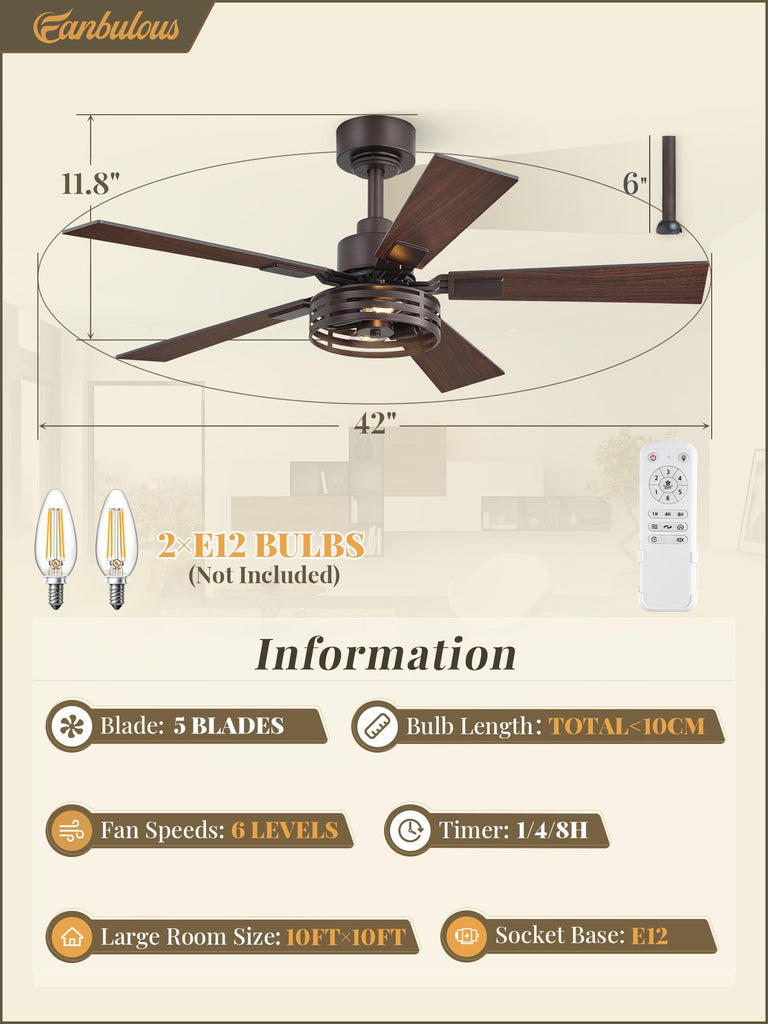 42 Inch Farmhouse Rustic Ceiling Fan with Light & Remote, 2 Pack