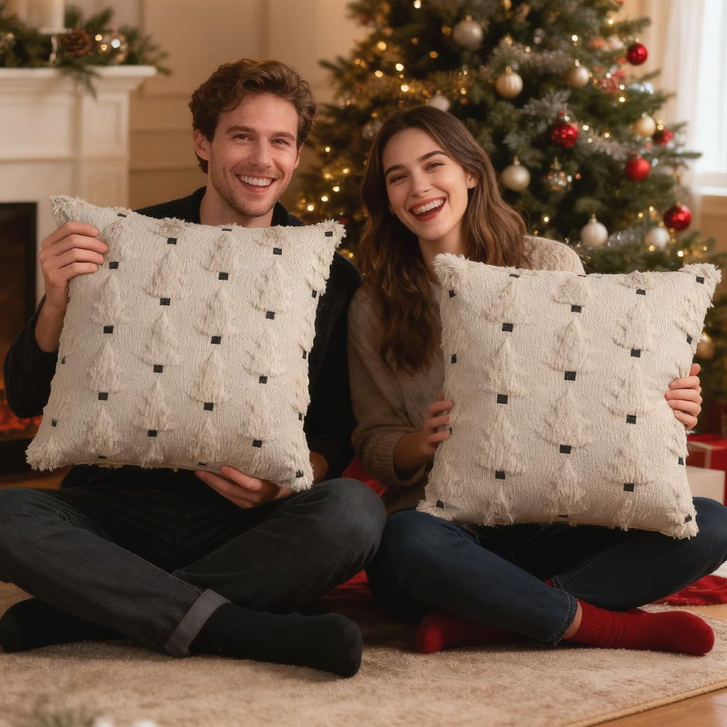 Christmas Pillow Covers 20x20 inch Soft Plush Faux Fur Christmas Tree Throw Pillow Cases for Winter Holiday - Set of 2