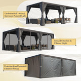 Louvered Pergola 12x24, Aluminum with Adjustable Roof, Outdoor with Waterproof Curtains and Nets, Dark Grey