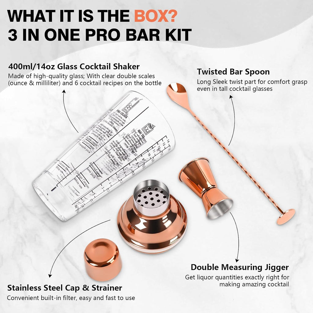 14oz Glass Cocktail Shaker Set, Margarita Mixer-Shaker with Built-in Strainer and Measuring Jigger & Mixing Spoon - Set of 3