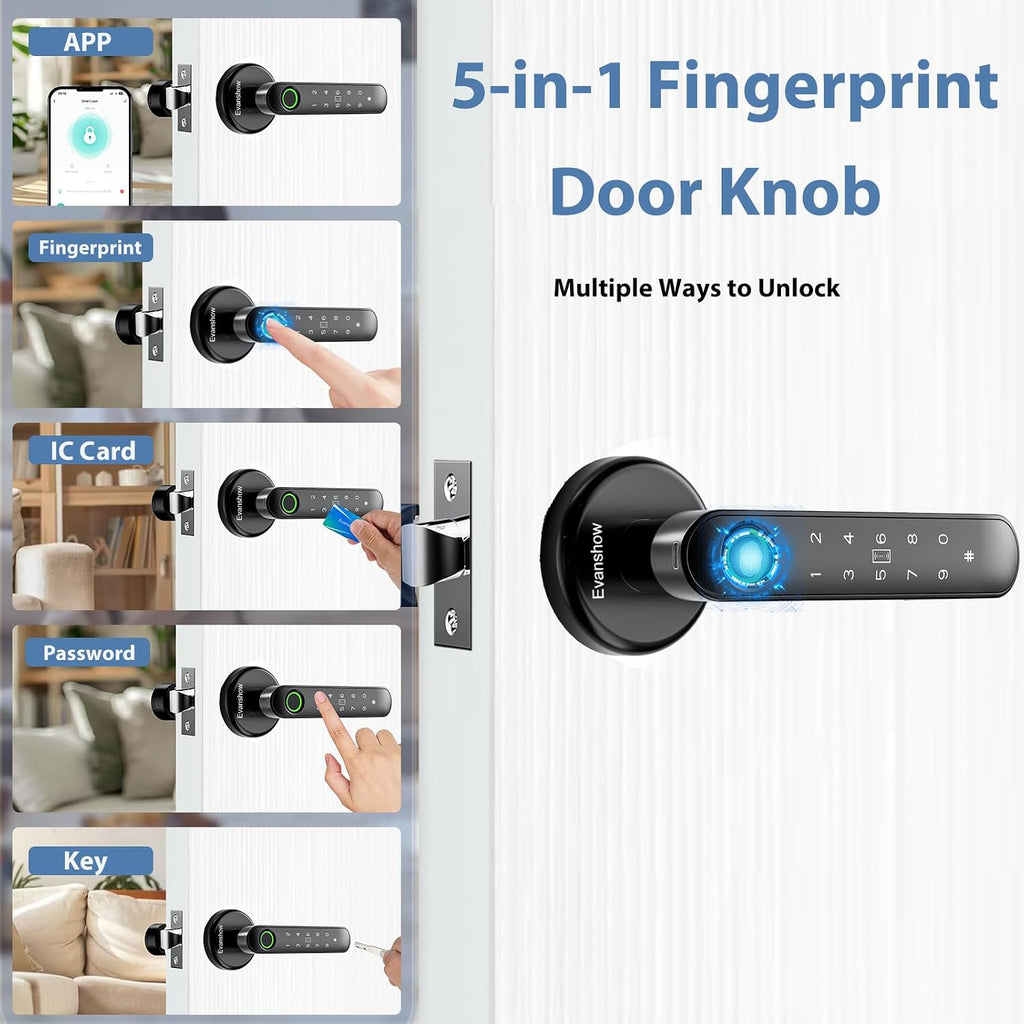 Fingerprint Door Lock Biometric Door Knob with Keypad Keyless Entry, 5-in-1 Door Locks s(Fingerprint/App/Code/Key/IC
