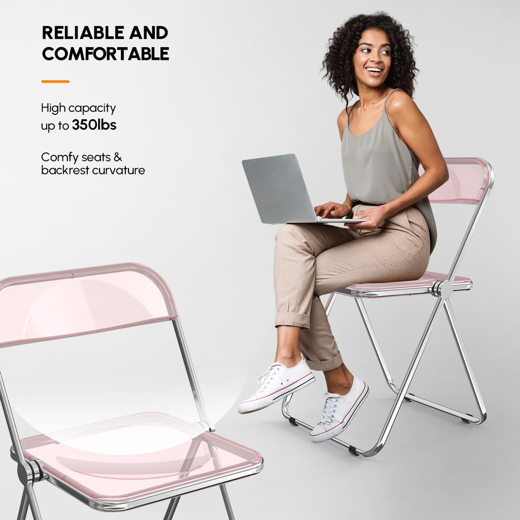 Acrylic Folding Chairs 4 Pack, Clear Chair Foldable and Stackable, Plastic Panel & Metal Chrome Frame, Weight