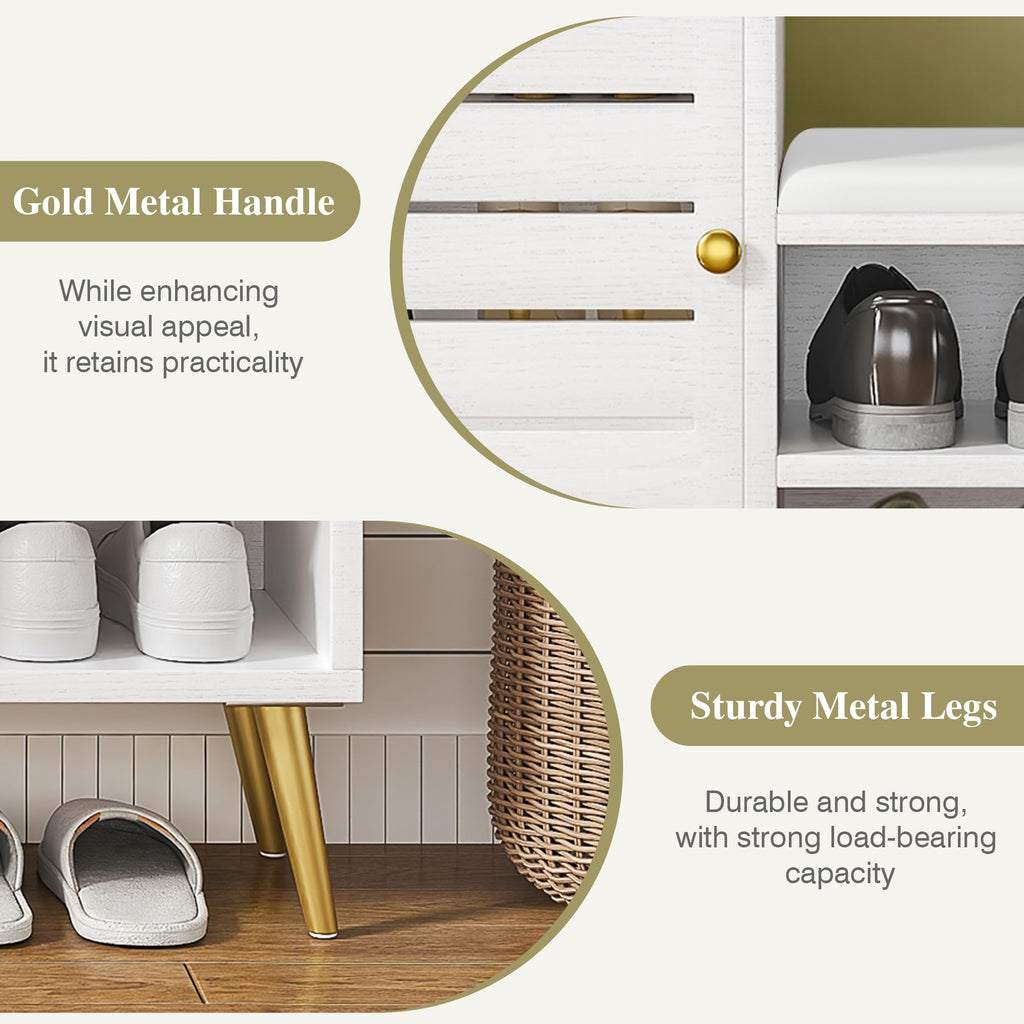 Shoe Storage Bench with Door&Shelf, Entryway Bench with Seat Cushion, L-Shaped, White