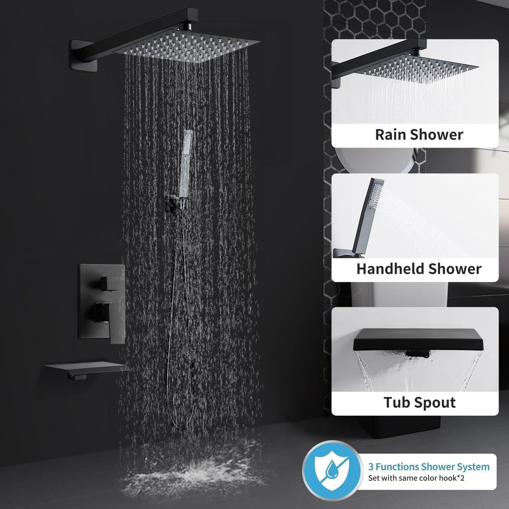 Matte Black Shower Faucet Set with Tub Spout 10 Inch