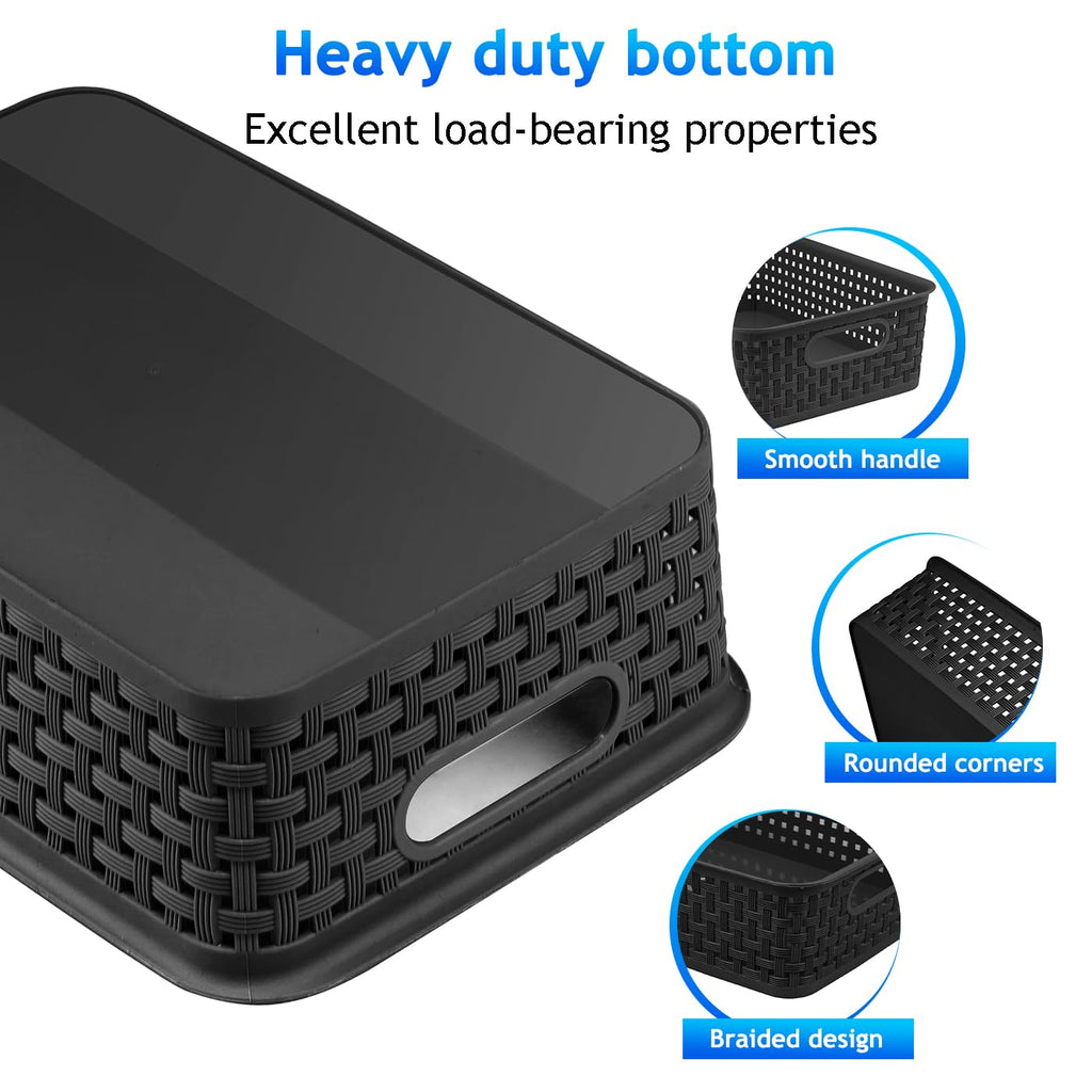 Black Plastic Basket, 8 Pack Home Organization and Storage Baskets with Handles, Space Saving Woven Organizer Bins