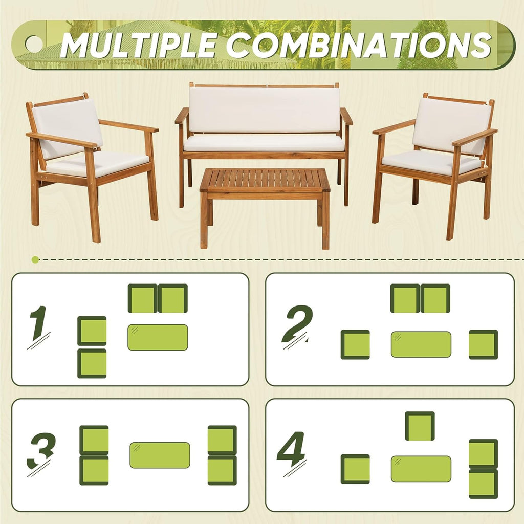 Patio Furniture 4 Piece Outdoor Acacia Wood Patio Conversation Sofa Set with Table & Cushions Porch Furniture for Deck