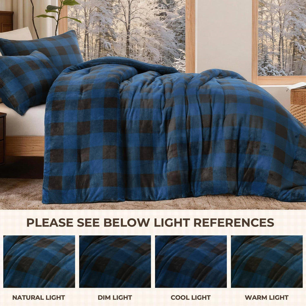 Velvet Flannel Plaid Comforter Set, 3 Pcs Blue Blanket