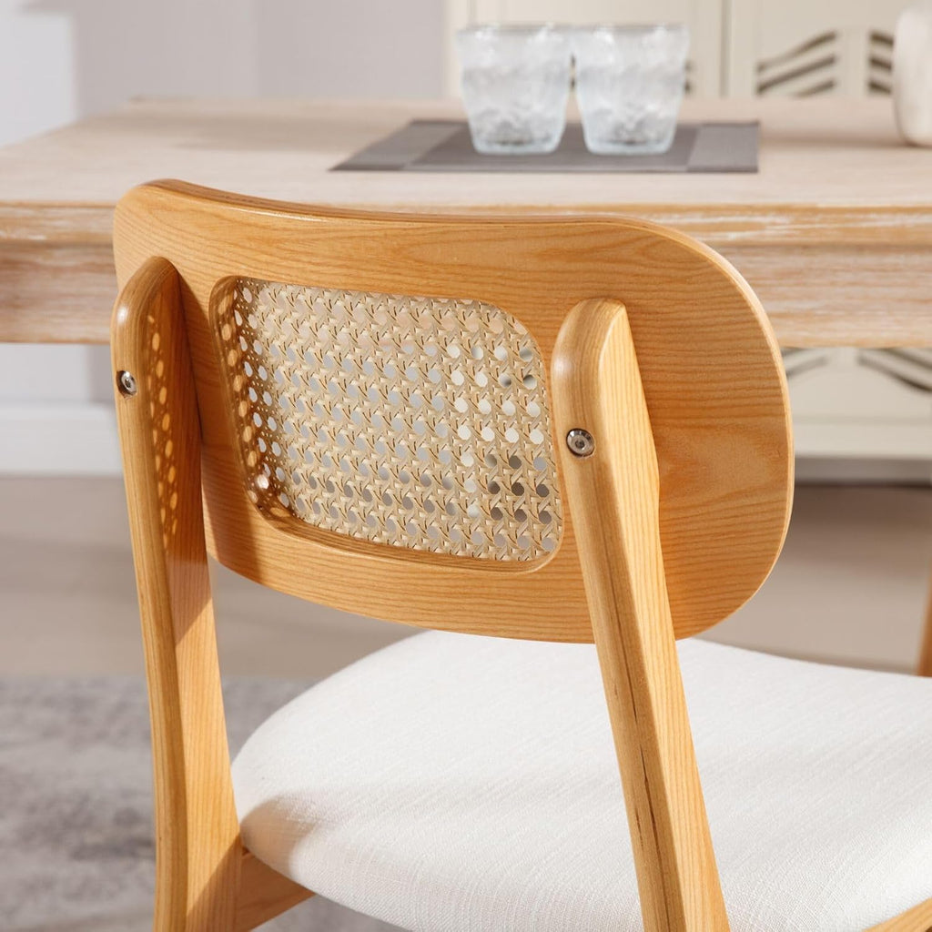 Rattan Dining Chairs Set of 2 Beige Linen Fabric Dining Room Chairs Natural Wooden Kitchen Chairs Farmhouse Boho