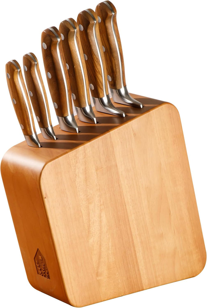 Kitchen Knife Block Set - 7 Piece Italian Olive Wood German Forged Stainless Steel Knives - Two Time Oprah's Favorite