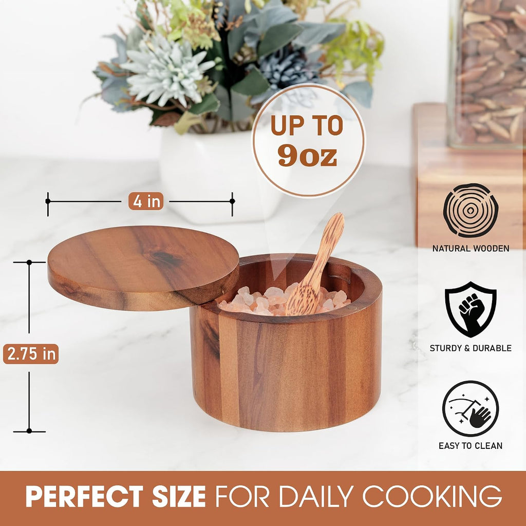 Acacia Wood Salt Cellar with Spoon, 9 oz Salt Box with Swivel Lid