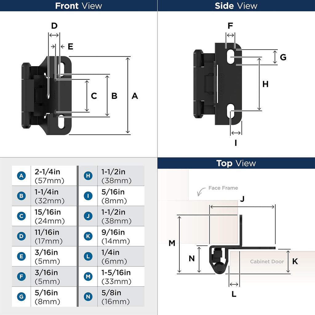 BPR7566FB Cabinet Hinge 1/4 inch (6 mm) Overlay Self Closing Partial Wrap Matte Black Kitchen Cabinet Door Hinge 1