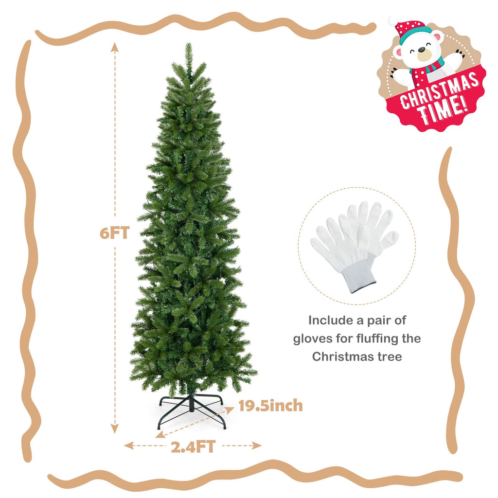 6 FT Pre-Lit Christmas Pencil Tree with 270 LED Warm White & Multi-Color Lights, 10 Flash Modes, 648 Tips, Hinged