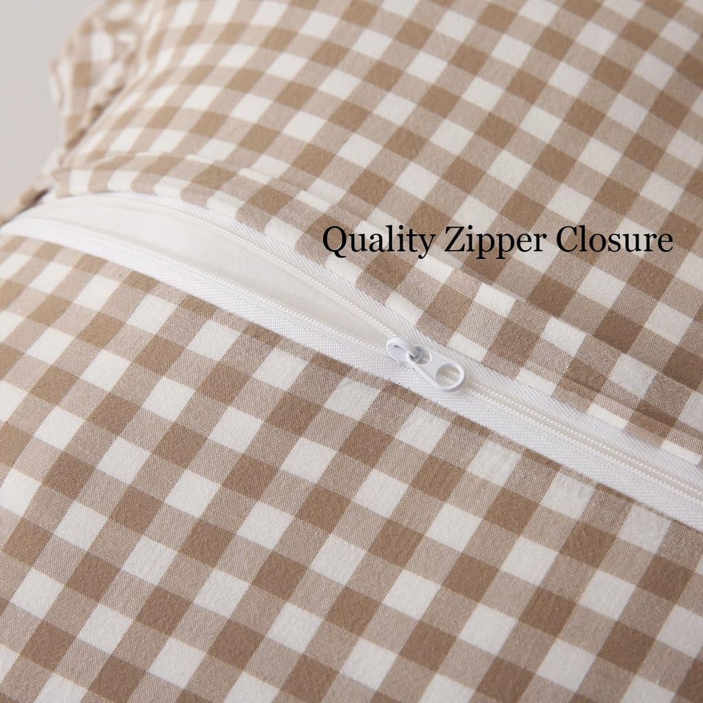2 Pack Taupe/White Plaid Ruffle Throw Pillow Covers 24"x24"