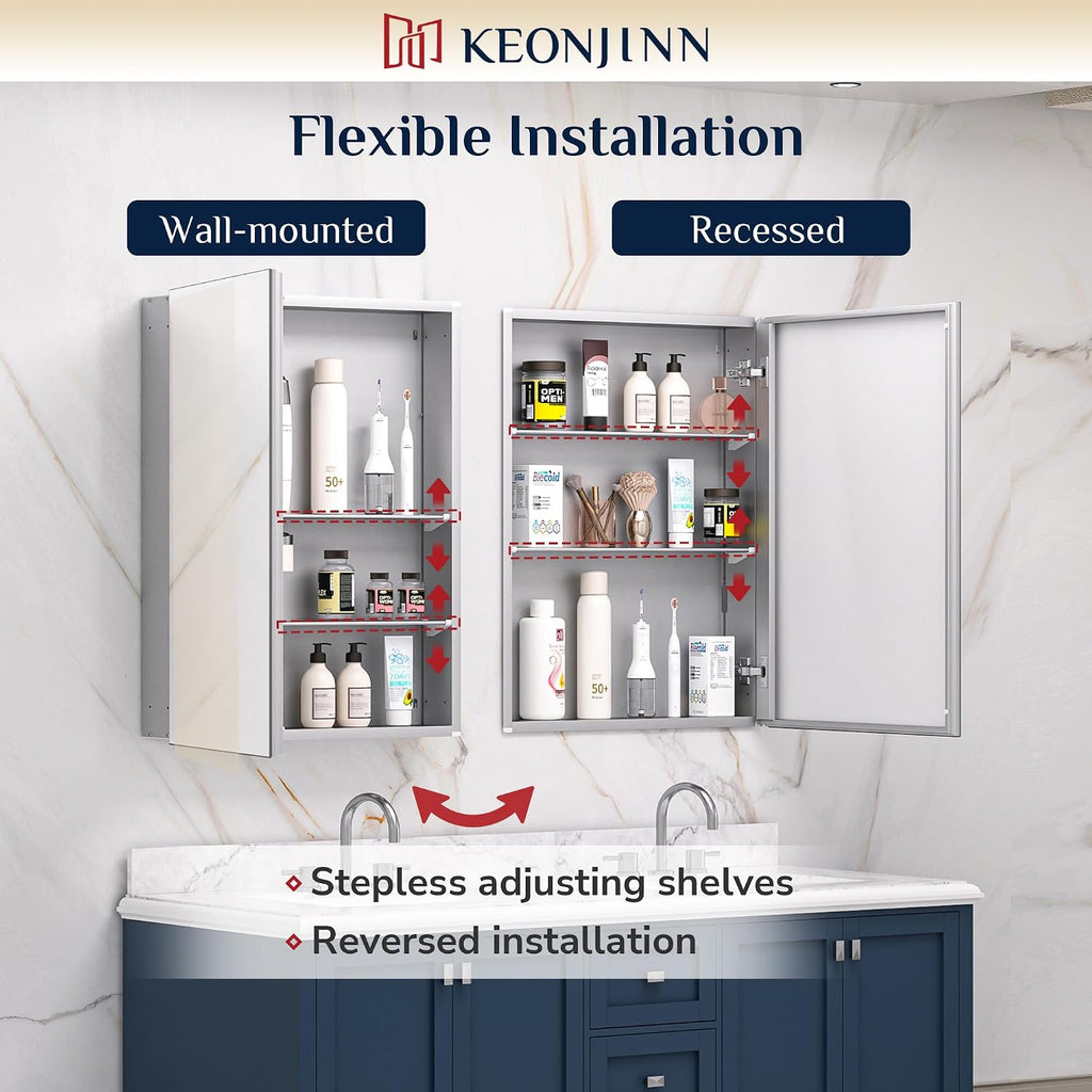 Medicine Cabinet Mirror 14"x24", Adjustable Shelves | Assembly Required, Wall Mount or Recessed, Safe HD Tempered