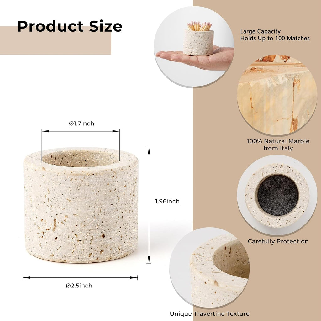 Travertine Stone Match Holder with Striker, 2.6" x 2"