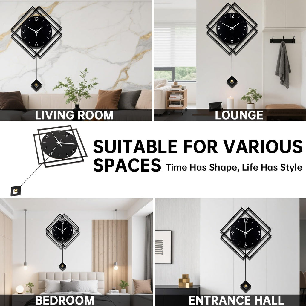 Wall Clock with Pendulum, Silent Quality Quartz Battery Operated, Modern Large Wall Clocks Kitchen Home Bathroom