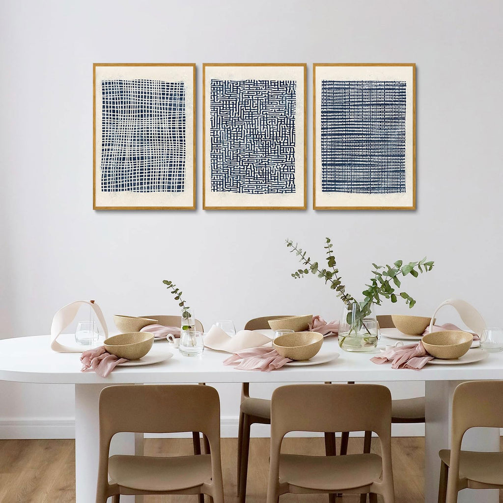 Modern Abstract Framed Navy Blue Canvas Wall Art Prints Set of 3 Boho Mid Century, Paintings Pictures Wall Decor