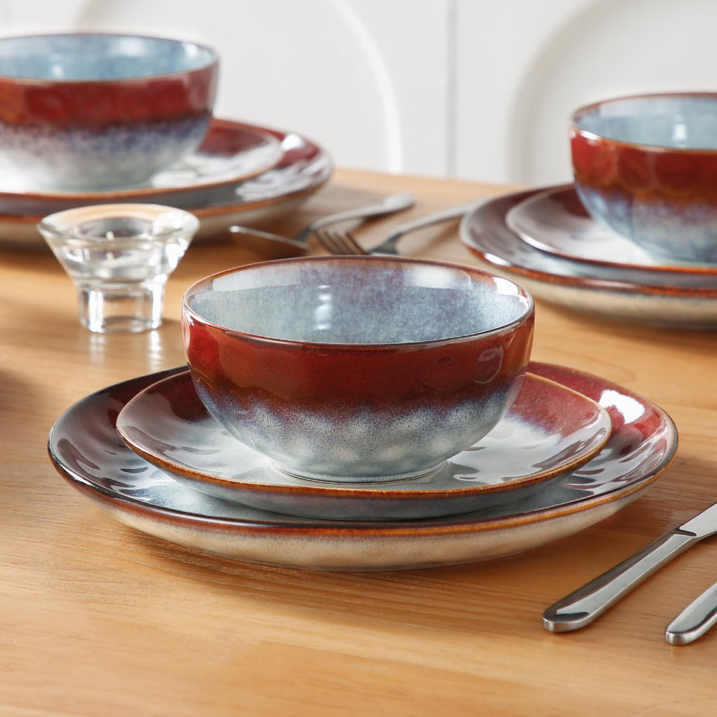 Starry 12 Pcs Dinnerware Set for 4, Handmade Reactive Glaze, Red